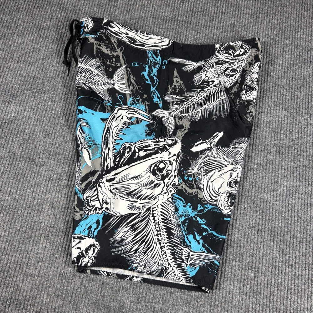 Vintage Joe Boxer Board Shorts Mens 34 Piranha Skeleton Fish Black Grunge Y2K
